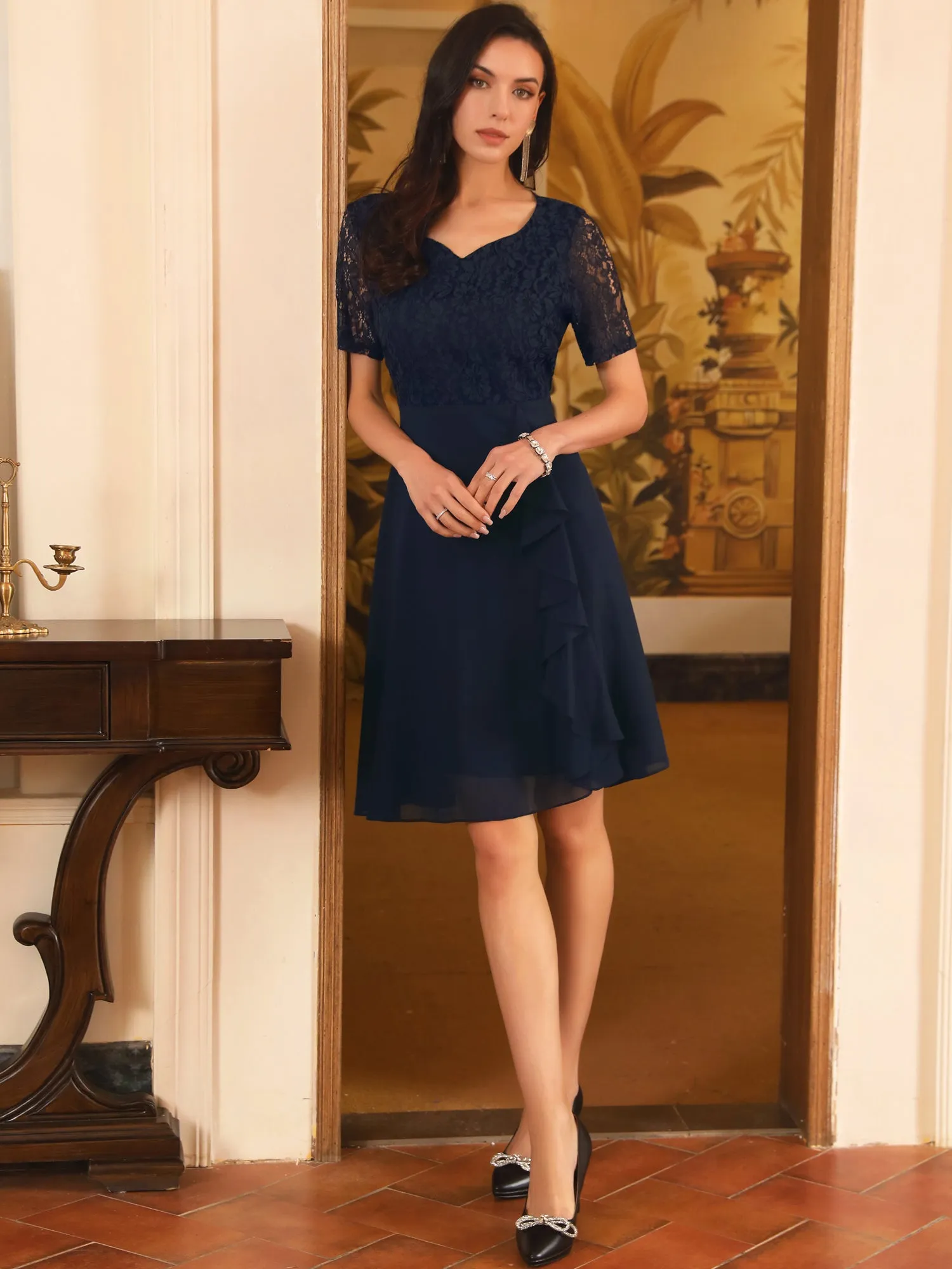 Women's Lace Chiffon Dresses Ruffle Bridesmaid Wedding Cocktail Midi Dress