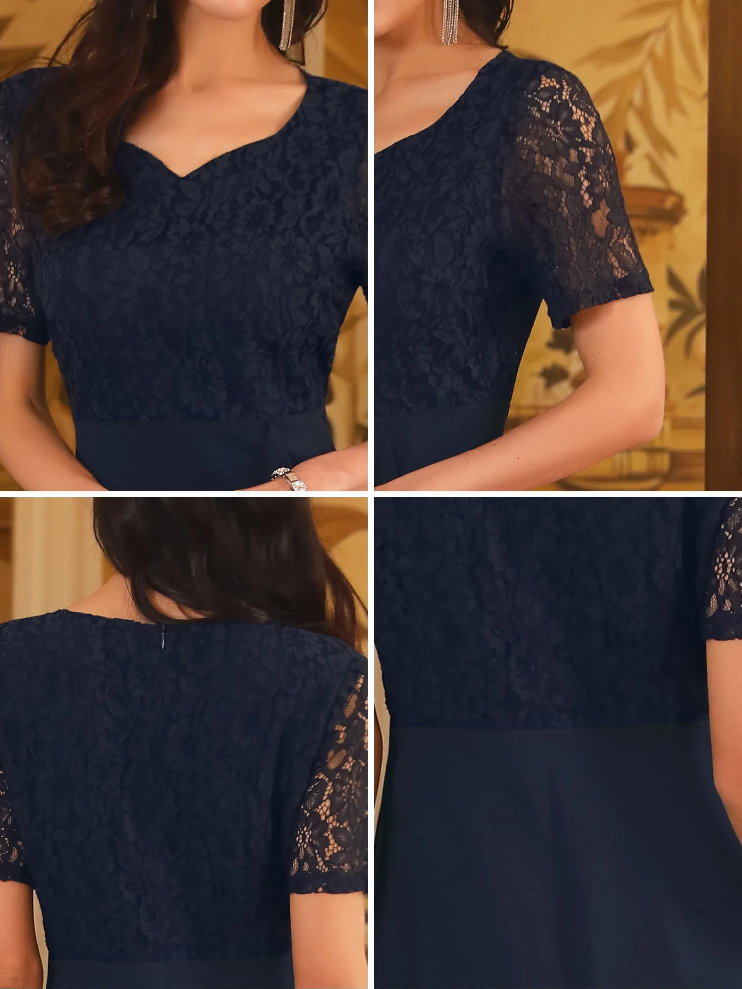 Women's Lace Chiffon Dresses Ruffle Bridesmaid Wedding Cocktail Midi Dress
