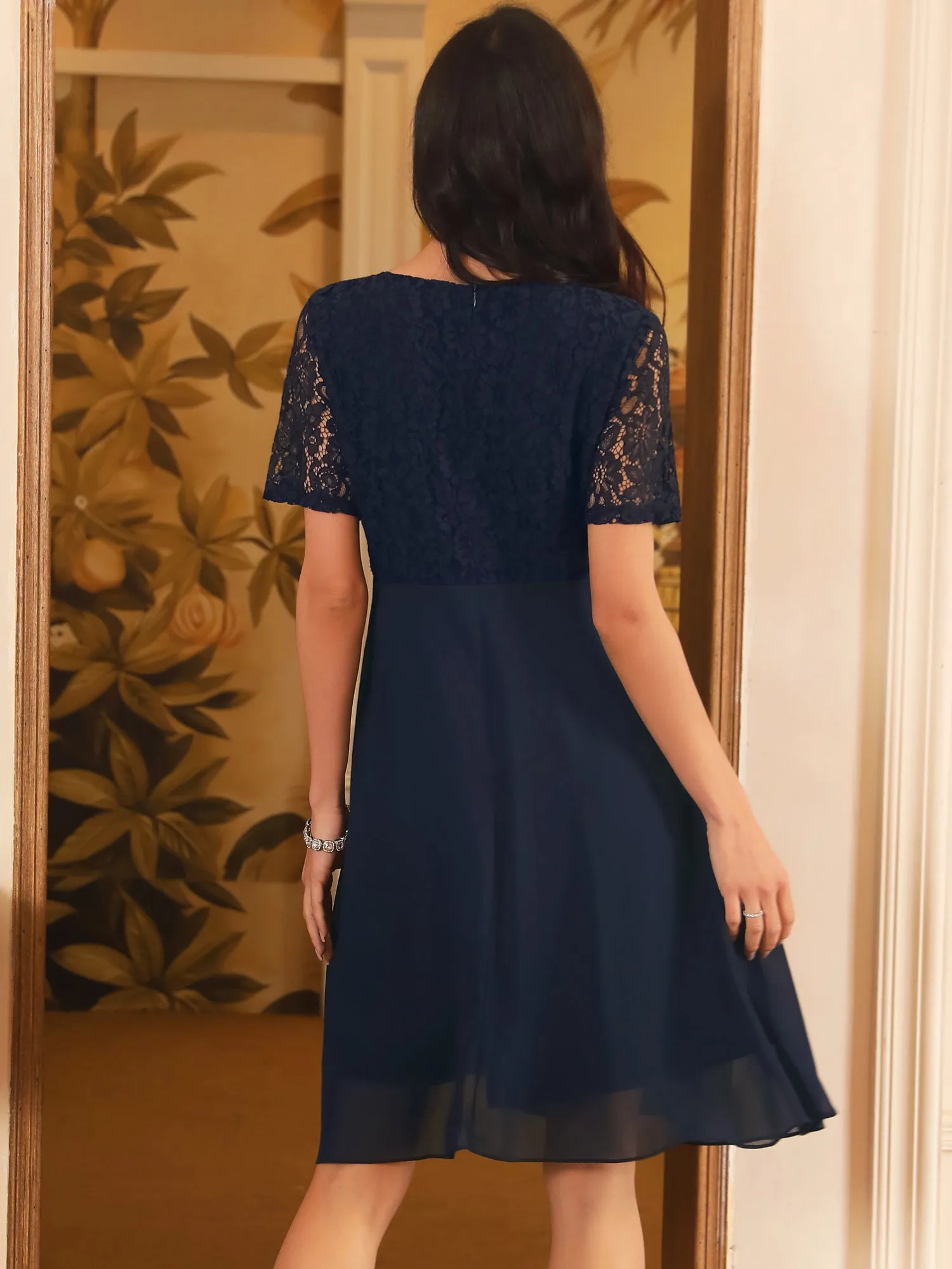 Women's Lace Chiffon Dresses Ruffle Bridesmaid Wedding Cocktail Midi Dress