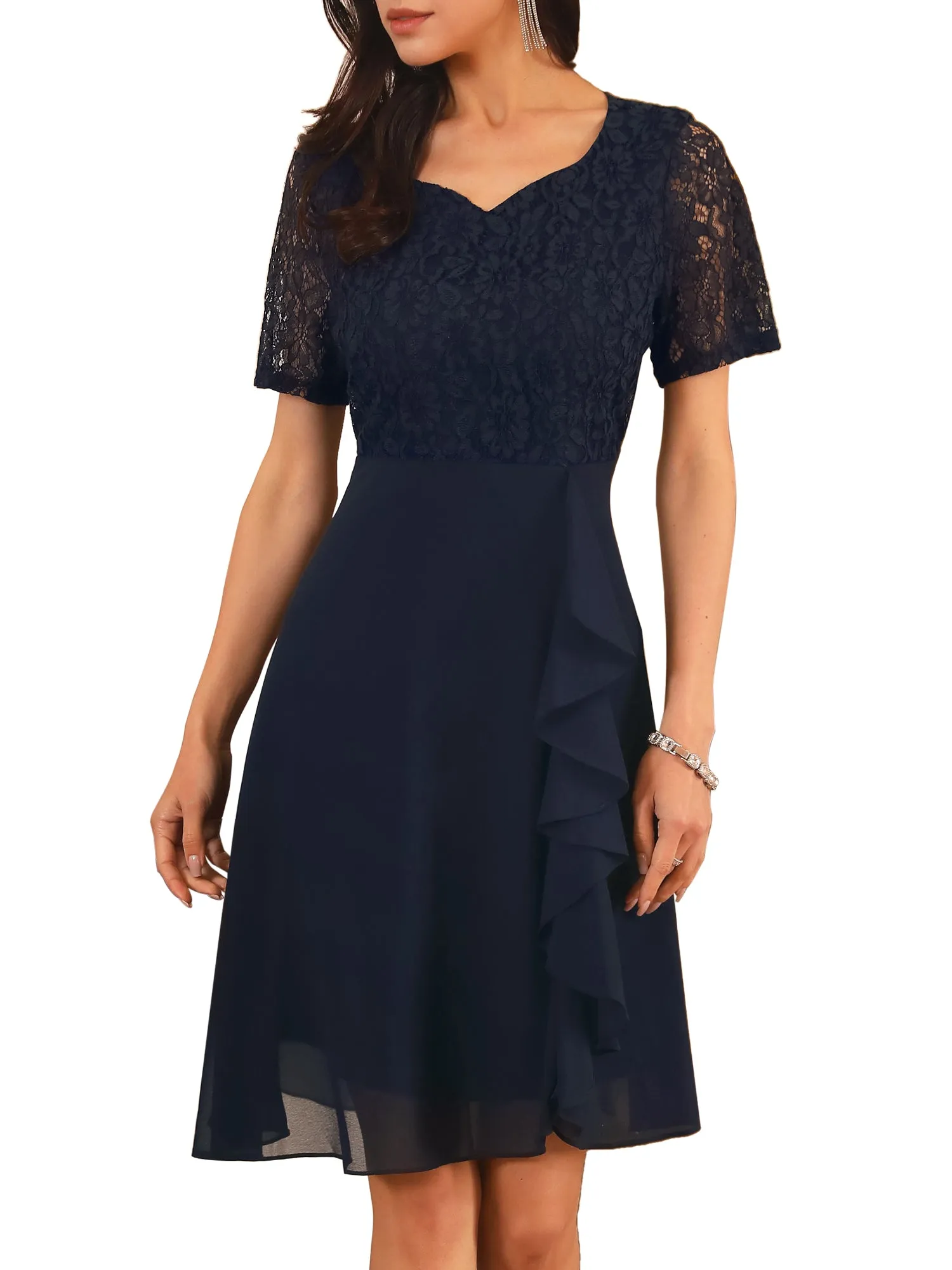 Women's Lace Chiffon Dresses Ruffle Bridesmaid Wedding Cocktail Midi Dress