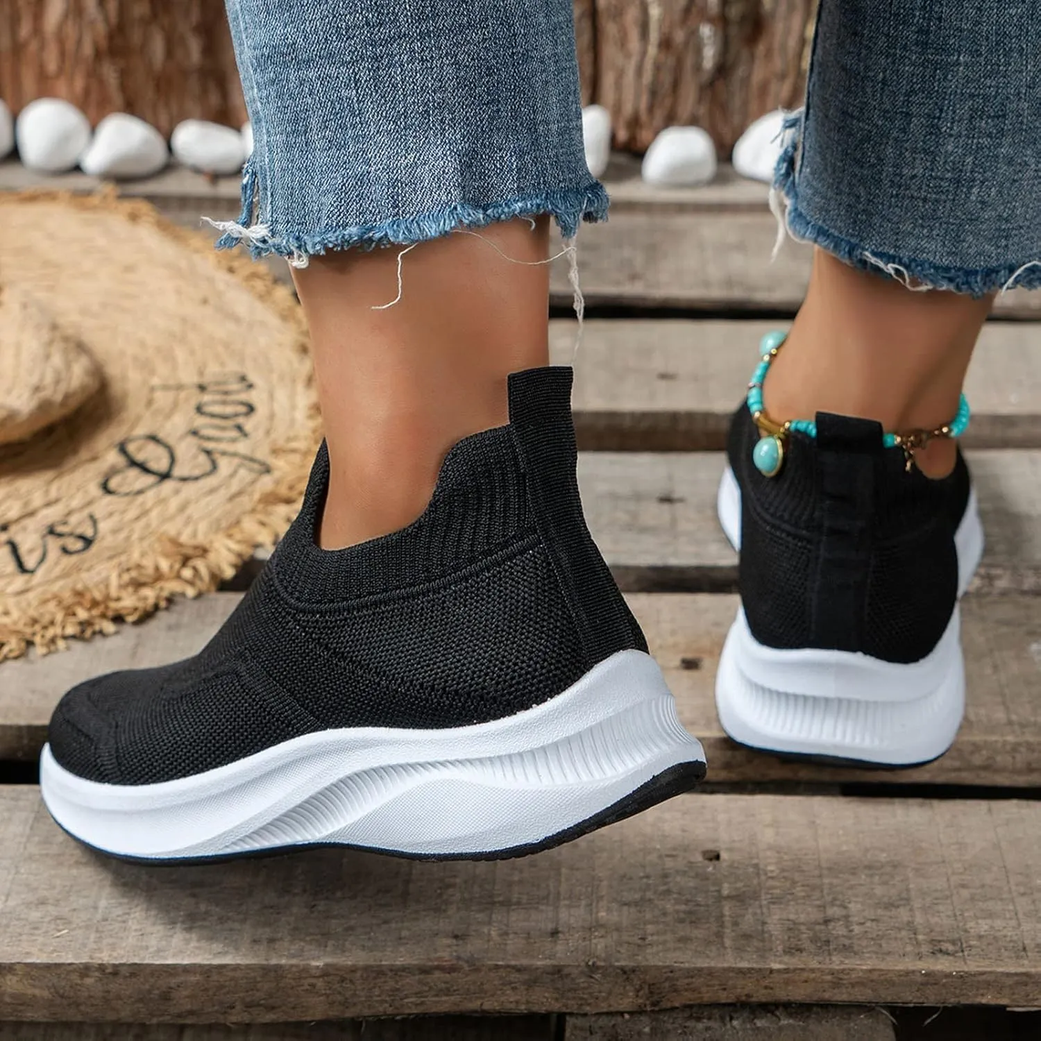 Women's Orthopedic Knit Walking Shoes Sock Sneakers, Slip On Soft Sole Mesh Running Shoes, Breathable Comfy Workout Shoes Work Nurse