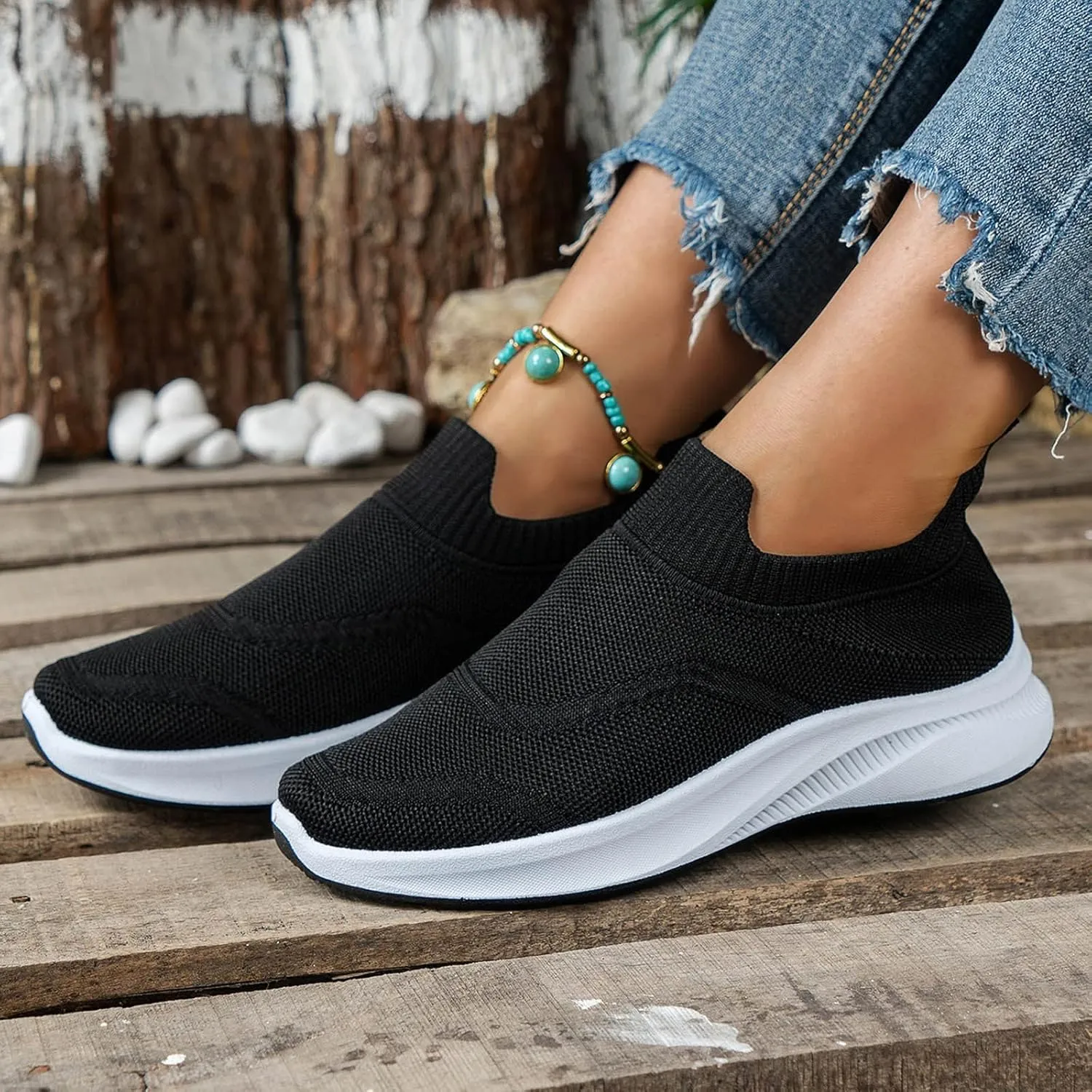 Women's Orthopedic Knit Walking Shoes Sock Sneakers, Slip On Soft Sole Mesh Running Shoes, Breathable Comfy Workout Shoes Work Nurse