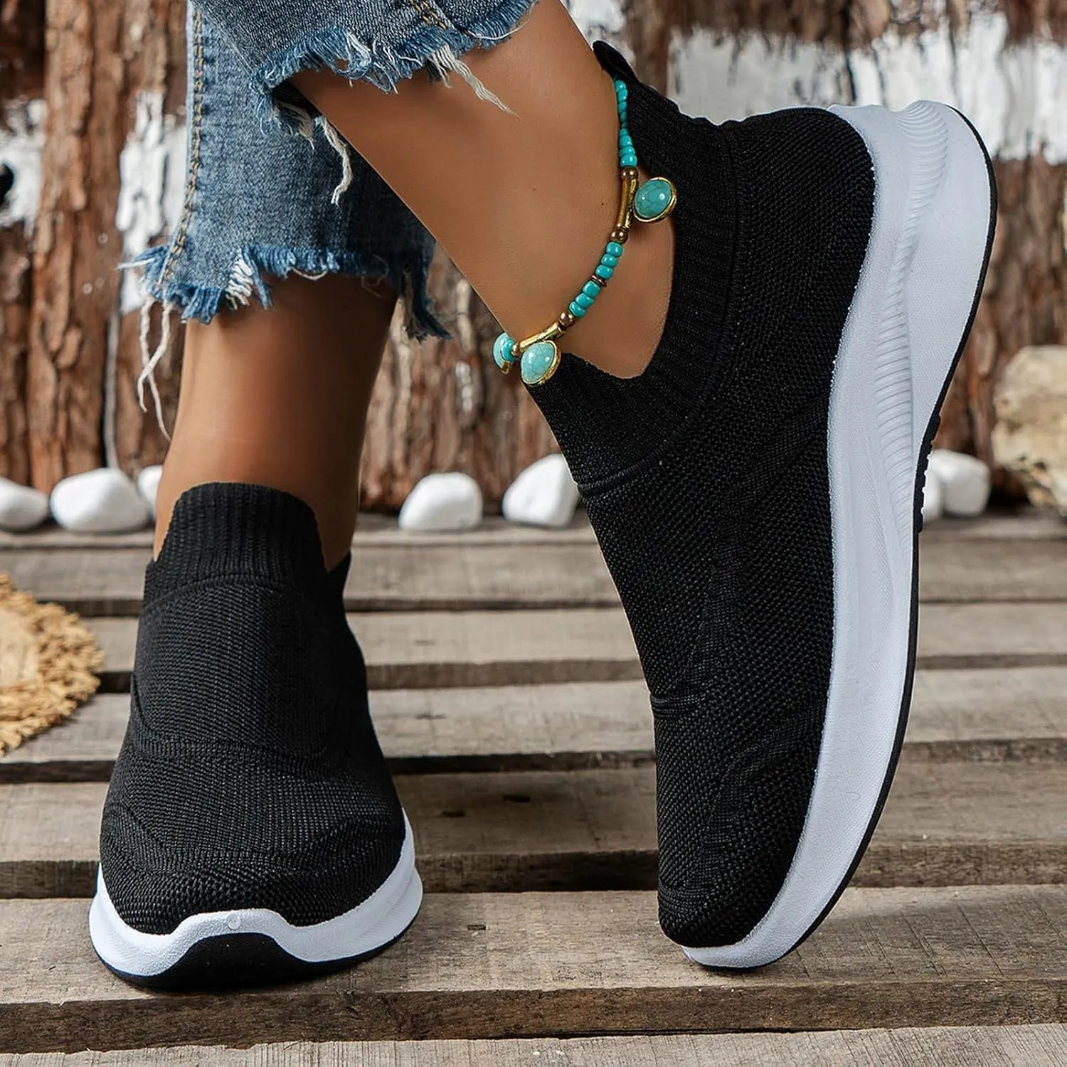Women's Orthopedic Knit Walking Shoes Sock Sneakers, Slip On Soft Sole Mesh Running Shoes, Breathable Comfy Workout Shoes Work Nurse