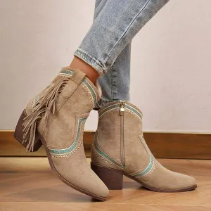 Women's Stylish Contrast Color Tassel Western Ankle Boots