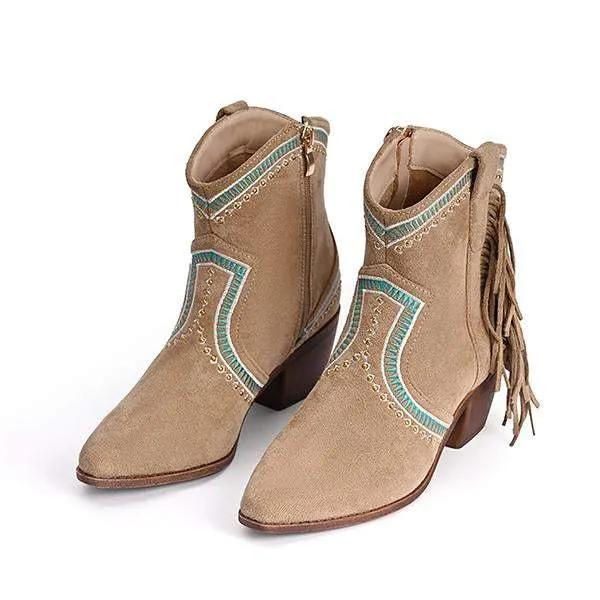Women's Stylish Contrast Color Tassel Western Ankle Boots