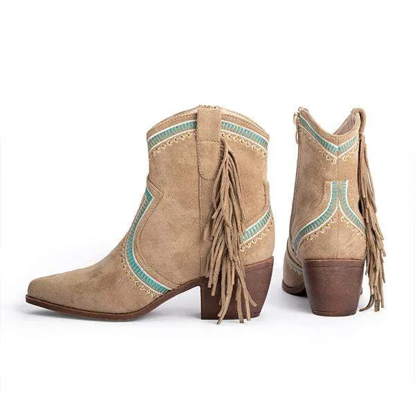 Women's Stylish Contrast Color Tassel Western Ankle Boots