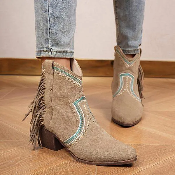Women's Stylish Contrast Color Tassel Western Ankle Boots